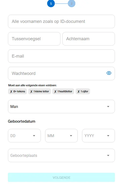 Snel formulier om een spelersaccount aan te maken